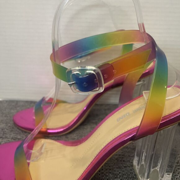 Gianni Bini Sandals Size 9.5M Pink Heels Rainbow Strappy Clear Lucite Block - Picture 7 of 16